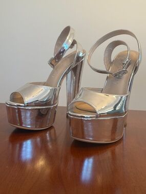 Silver Platform Peep-Toe High Heel Sandals - Women's
